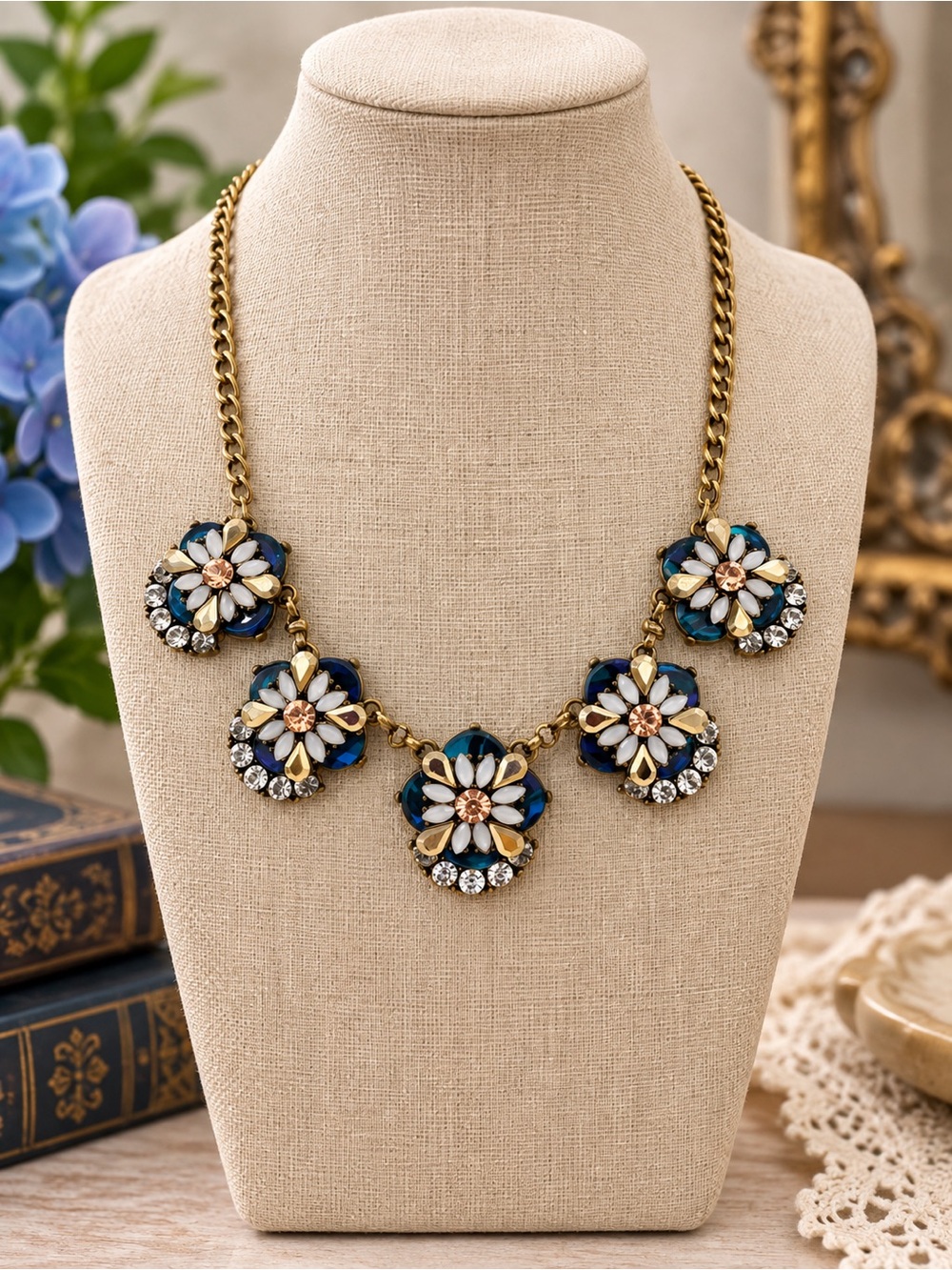Vintage Inspired Blue Floral Statement Necklace Rhinestone Gold Tone
